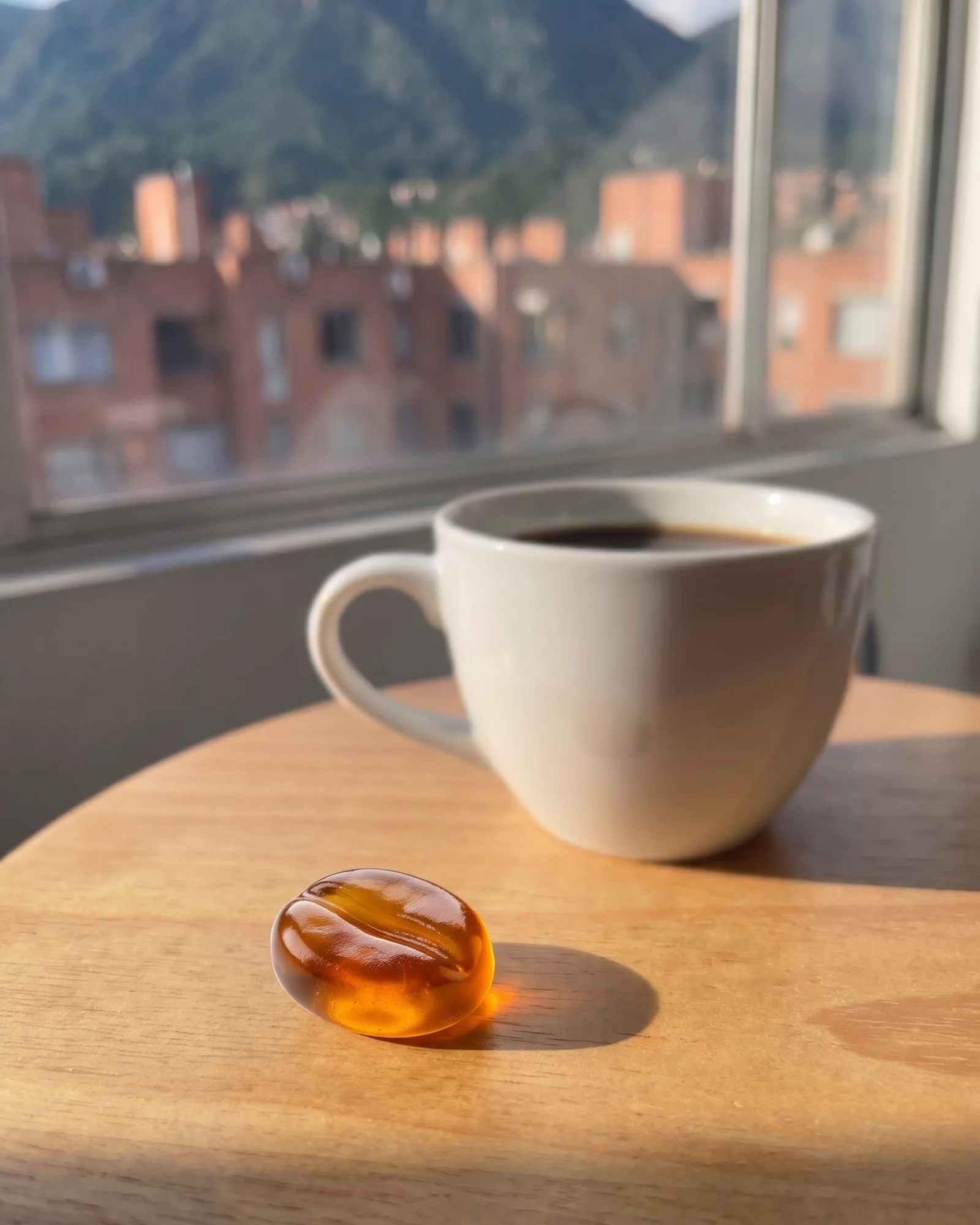 Una gomita de Café Burn junto a una taza de café