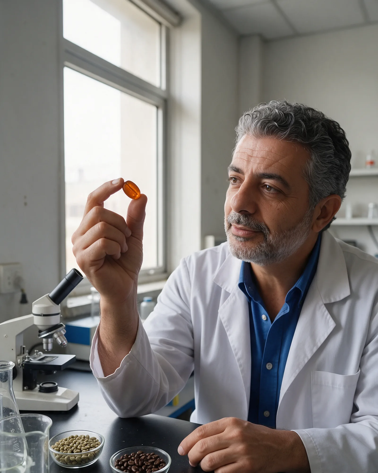Marco Salinas en su laboratorio, con una gomita de Café Burn